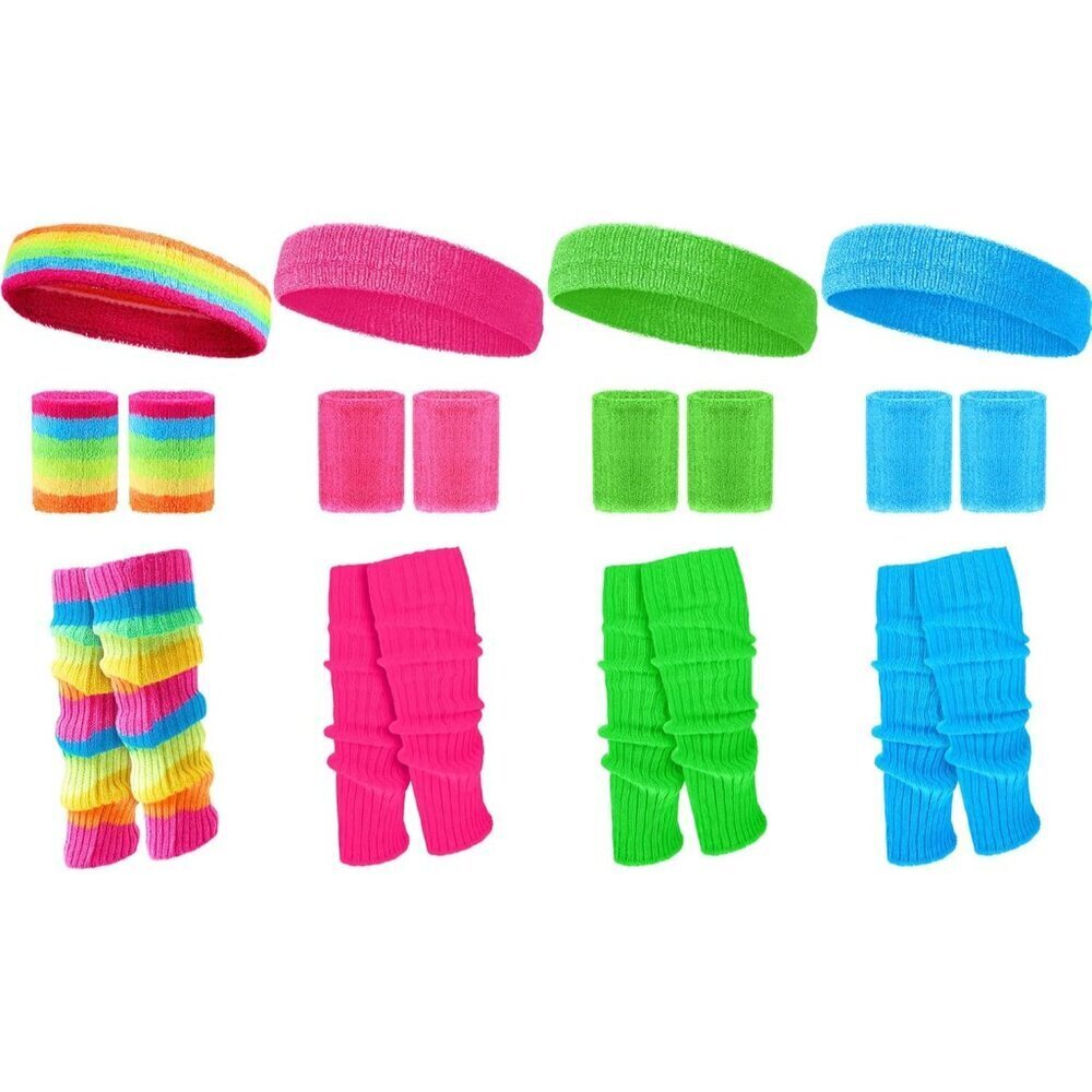 80s Workout Costume Set Leg Warmers Headbands Wristbands Neon Multicolor